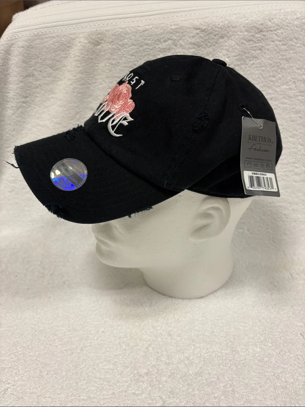 KBETHOS Black Distressed Baseball Cap with Pink Rose Embroidery os